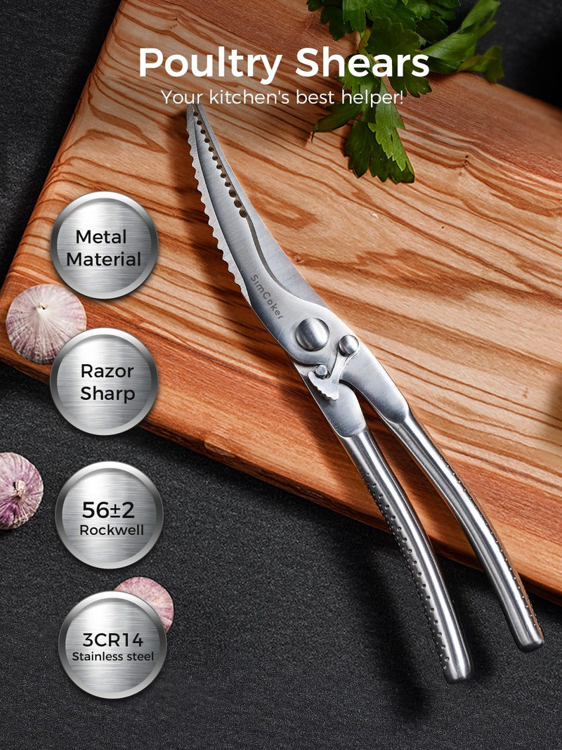 Full Steel Poultry Shears Heavy Duty, Professional Bone Cutting Scissors for Chicken, Meat, Turkey & Fish, Sharp & Durable Kitchen Shears, Dishwasher Safe Silver-full Steel