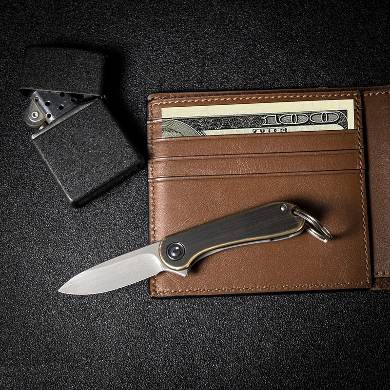 CIVIVI Mini Elementum Flipper Pocket Knife, Small folding Knife with 1.83" 14C28N Blade, Brass and Stainless Steel Handle C18062Q-1