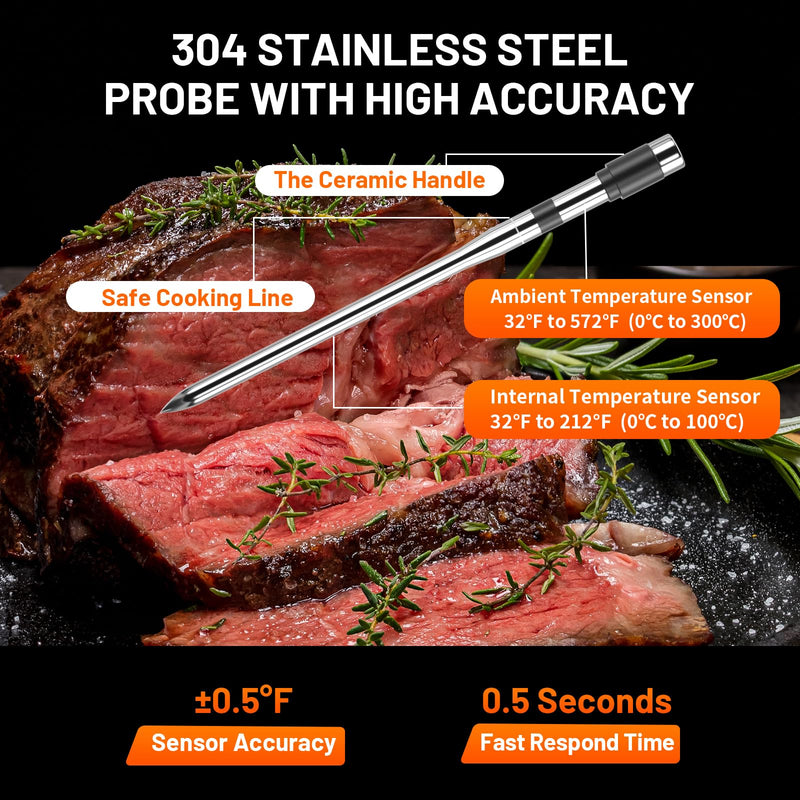  [AUSTRALIA] - Wireless Meat Thermometer with Smart Timer & APP Control, 800ft Bluetooth Grill Food Thermometer - 0.19In-Ultra Thin Probe, ±0.5℉ Accuracy, Digital Backlit Screen for BBQ, Oven, Smoker, Kitchen 1-Probe Kit