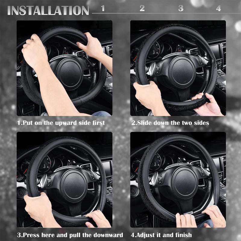 CAR PASS Bling Diamond Leather Steering Wheel Cover, With Sparkly Crystal Glitter Rhinestones Universal Fit 14"1/2-15" Car Wheel Protector for Women Girl Fit Suvs,Vans,Sedans,Car,Trucks, Black Diamond Black Diamond on Velvet