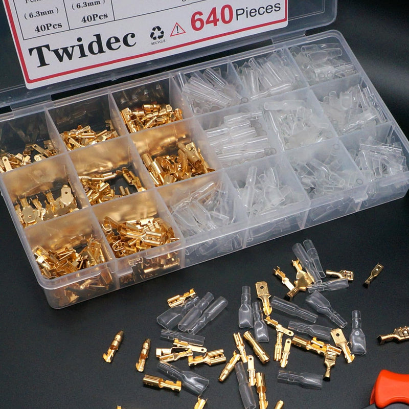 Twidec/640Pcs 2.8/4.8/6.3mm Quick Splice Male and Female Wire Spade Connector Crimp Terminal Golden Kit with Wire Terminal Crimping Pliers Tools 26-16AMG for Electrical Wiring Car Audio Speaker Gold 640PCS+SN-48B