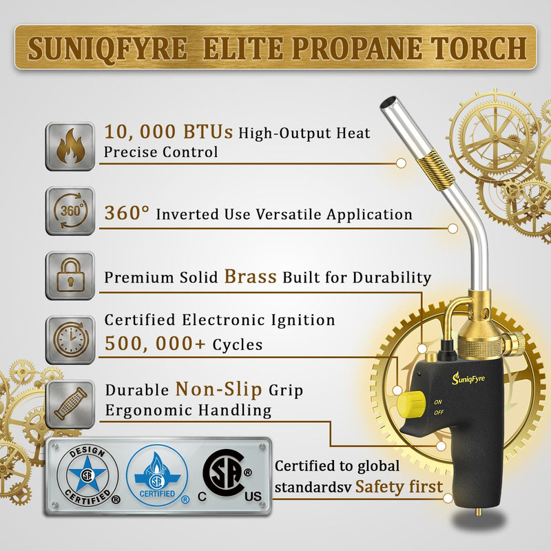 High-Intensity Propane Torch Head, Upgraded 10,000 BTU Trigger Start Gas Torch with Flame Lock&Built-in Pressure Valve, 360° All-Angle Burn CGA600 Plumbing Torch for Soldering, CSA Certified Yellow