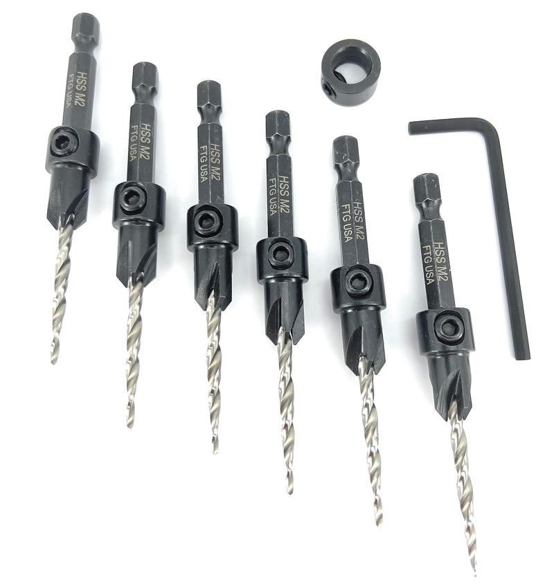 FTG USA 6 Pc #6 (9/64") Countersink Drill Bit Set with Tapered Drill Bits | 6 counter sink drill bit for wood, all same size. Includes 1 depth stop 3/8", 1 hex key; pre-drill woodworking boring tool Same Sort 6 Pc