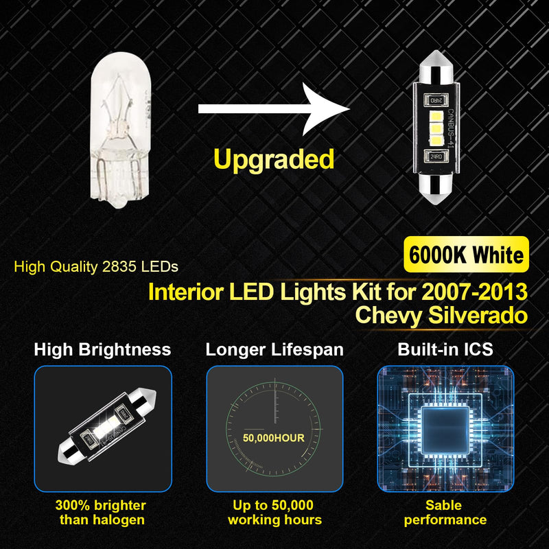 EASY EAGLE 12Pcs Super Bright LED Interior Lights, 6000k White Bulb Kit for Chevy Silverado 2007 2008 2009 2010 2011 2012 2013 All Models Light Accessories+Install Tool Chevy Silverado 2007-2013