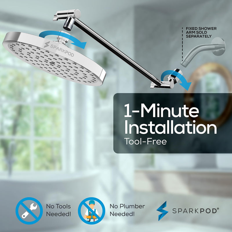SparkPod Round Rain Shower Head with Extension Arm - Height Adjustable Shower Head with High Pressure Performance - Easy 1-Minute Installation (8" Round, Luxury Polished Chrome) 1. Luxury Polished Chrome Round 8" 16" Arm