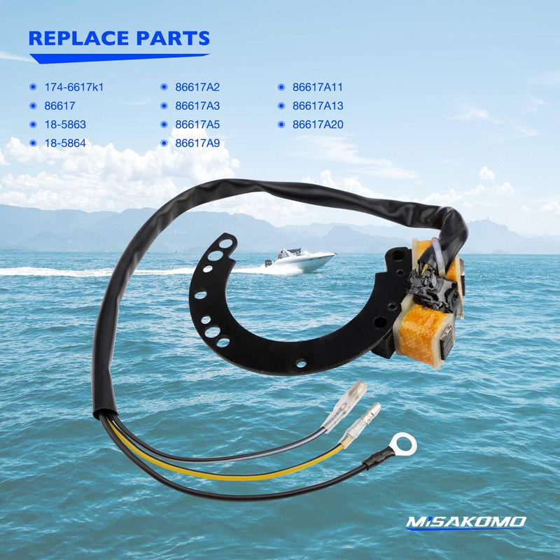 Ignition Stator, Compatible with Mercury Mariner 6HP 8HP 9.9HP 10HP 15HP 18HP 20HP 25HP 35HP 40HP Outboards 2 Cylinder Motor, Replcae 174-6617K1 18-5864 86617 86617A9 86617A20 Magneto Ignition Stators