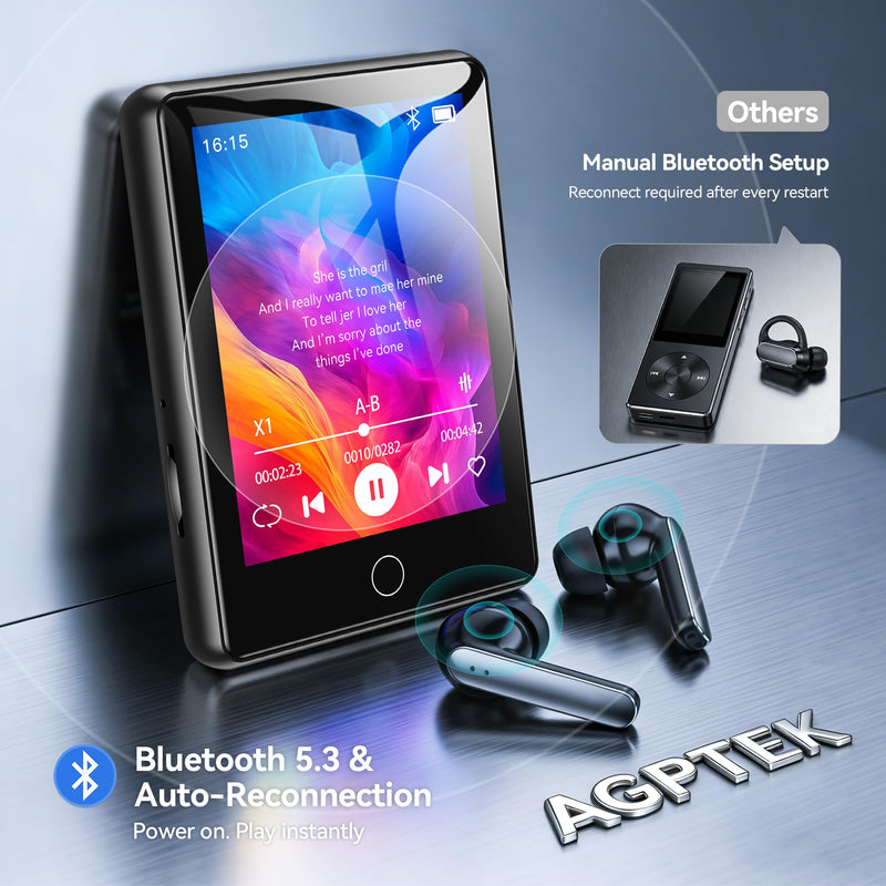 AGPTEK 2.8'' 64GB MP3 Player with Bluetooth, U6 Full Touch Screen Player | Auto Bluetooth Reconnection - Portable Music Player with Protective Case (Black) Black 64 GB