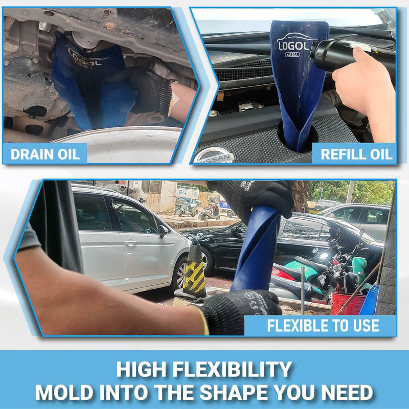 Flexible Funnel Reusable General Oil Change Draining Tool. for Oil Draining and Spill-Free Oil Filling.Flex Funnel Can be Molded Into Different Shape blue