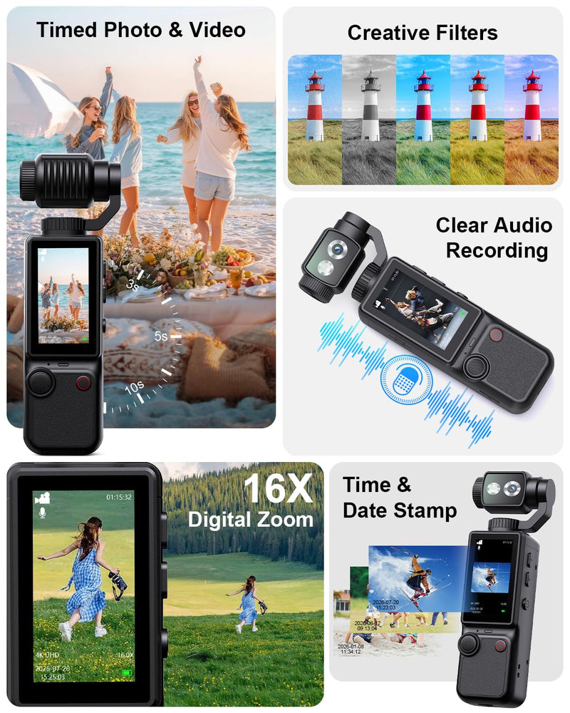 4K Vlogging Camera with 180°Rotating Lens, Portable Handheld Video Camera | 16X Zoom Pocket Digital Camcorder with Clear Mic, 2.0’’ Screen,32GB Card,Tripod,2000mAh Battery for Travel&Youtube Tiktok