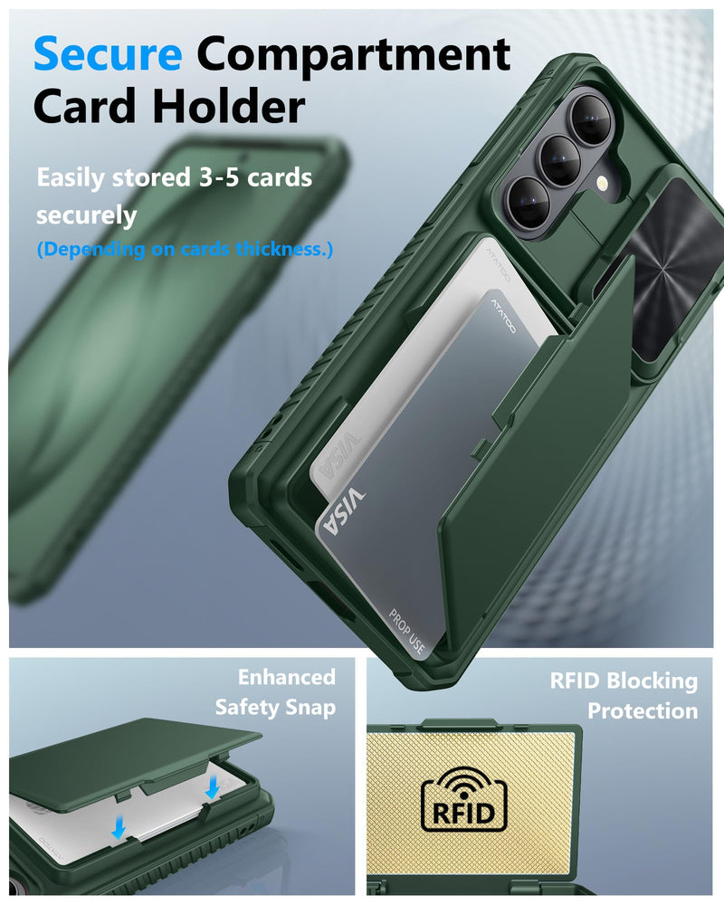 ATATOO for Samsung Galaxy S26 Wallet Case with 2X Screen Protector, Green | Card Holder (4 Cards), Slide Camera Cover, Military Grade Protection, Women Men, Heavy Duty Phone Case for Galaxy S26 6.3" Green with SP S26, 6.3"