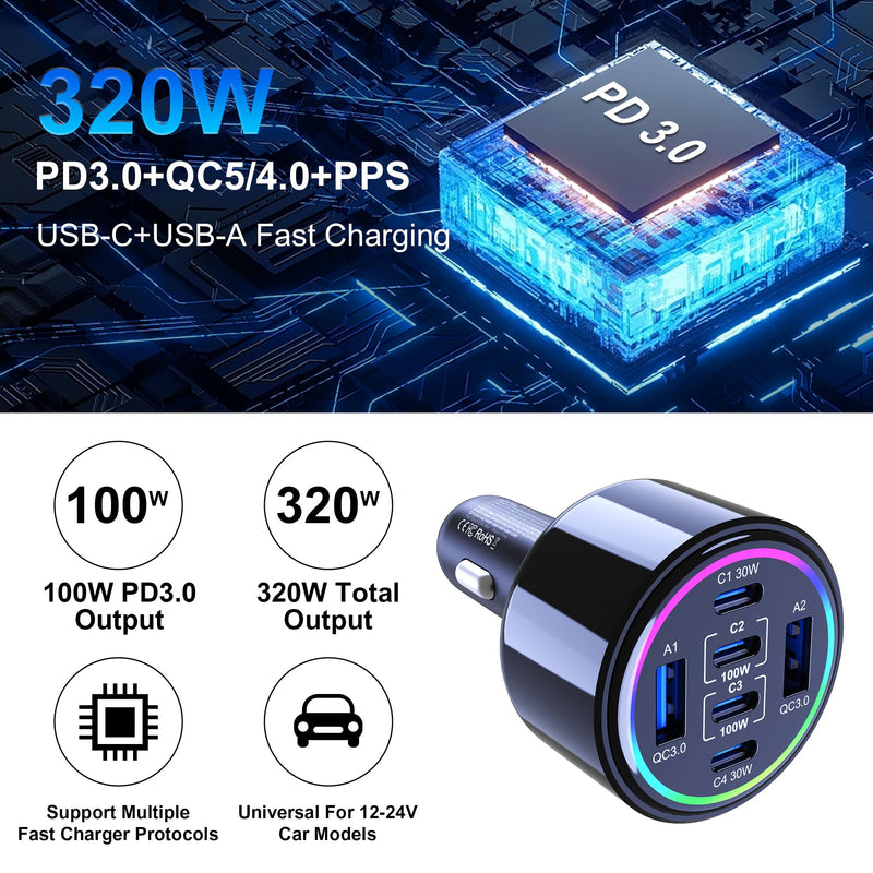 320W USB C Car Charger, 6 Ports Type C Car Charger | PD3.0/QC4.0/PPS Super Fast Charging for iPhone 17/16/15 Series, Galaxy S25/S24/23, iPad, MacBook Pro/Air, Laptop (Black) Black