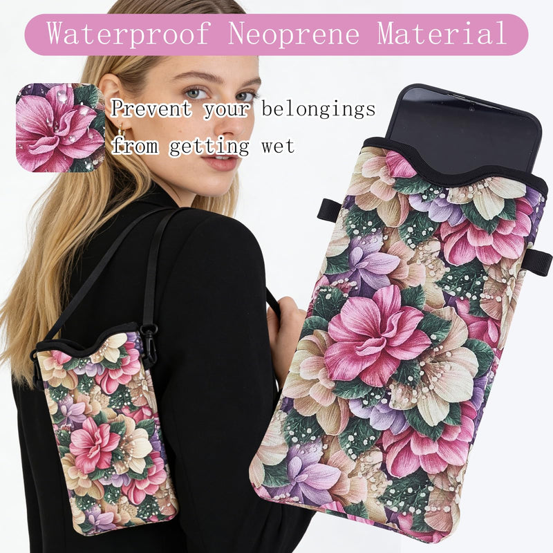 NICENEEDED Neoprene Phone Sleeve Pouch, Floral Cell Phone Case Bag with Crossbody Strap Neck Lanyard, 4 x 7.9 Inch Colorful Flower Cell Phone Bag for Women