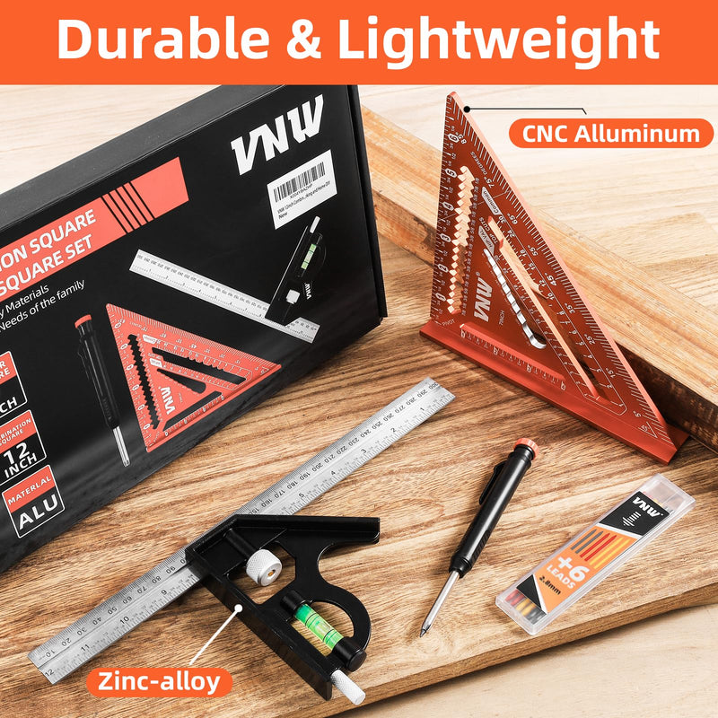 VNW 12inch Zinc Alloy Combination Square and 7inch Aluminum Rafter Square Set with Carpenter Pencil,Heavy Duty Carpenter Tools for Woodworking and Home DIY