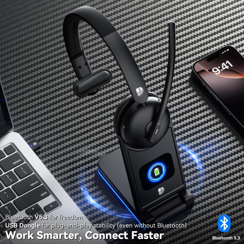 Wireless Headset with Mic for Work, Wireless Headset with Microphone (Noise Cancelling), Smart Mult-Func Dock, 65H Worktime&Fast Charge Bluetooth Headphones for Work/PC/Computer/Call Center/Teams/Zoom Black