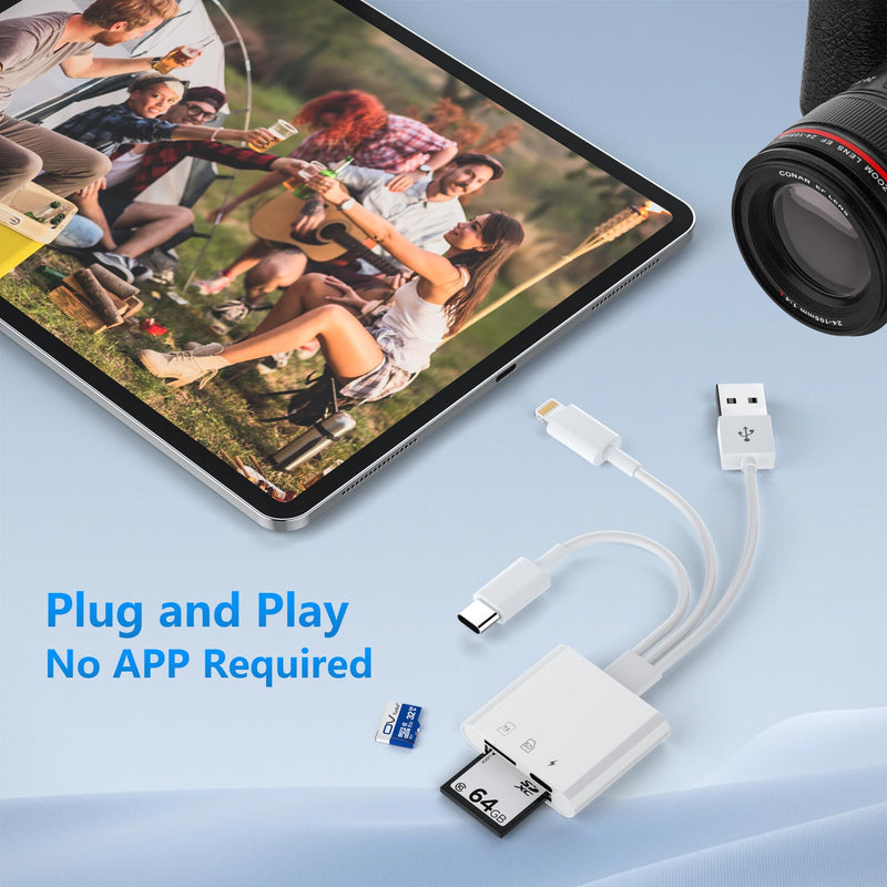 SD Card Reader for iPhone,USB C Lightning USB A Three Connector to SD/TF/Micro SD Card,Digital Camera Adapter,Memory Card Reader with USB OTG Adapter for iPad/iPhone/MacBook/PC/Android,Plug and Play