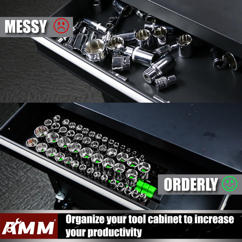 AMM 9-Piece Socket Organizer, 1/2 inch, 3/8 inch and 1/4 inch Drive ABS Tools-Green Socket Holder,Heavy Duty Socket Racks, Premium Quality Socket Clip Rail Holder,The Best Tool Trays in The Garage 9PC Green