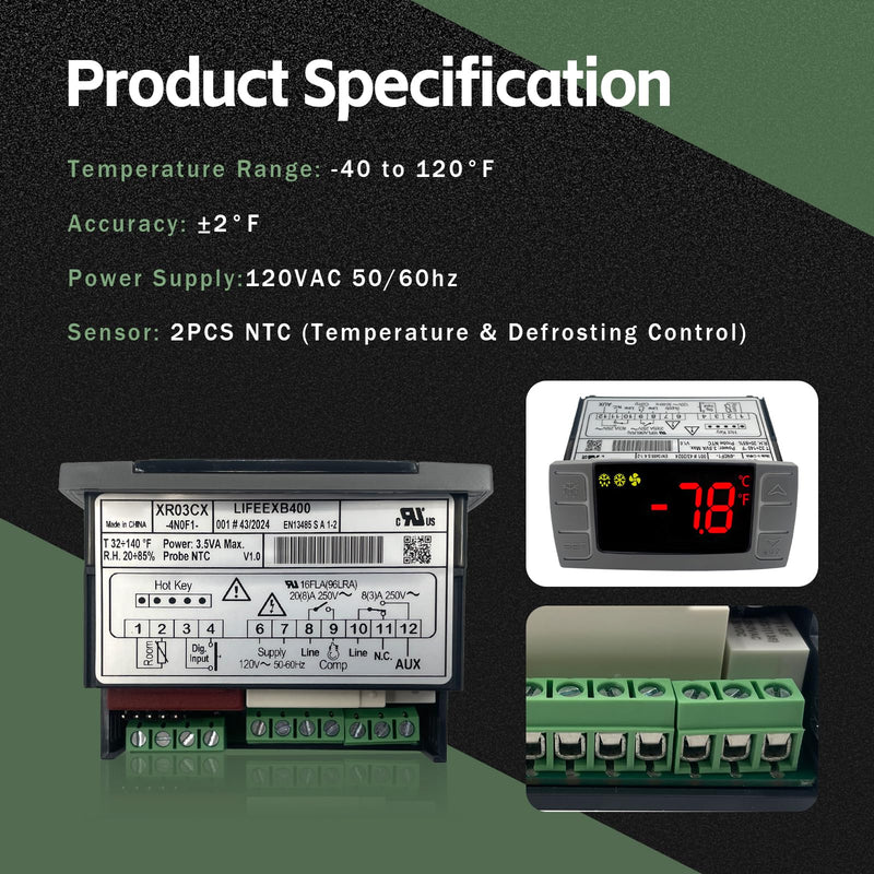 XR03CX-4N0F1 Temperature Controller with Sensor Probe, 120V Thermostat Controller Compatible with Dixell Temperature Controller Fit for Refrigerators/Freezer Replace # XR03CX, W0302186, XR03CX-4N1C0 XR03CX-4N0F1