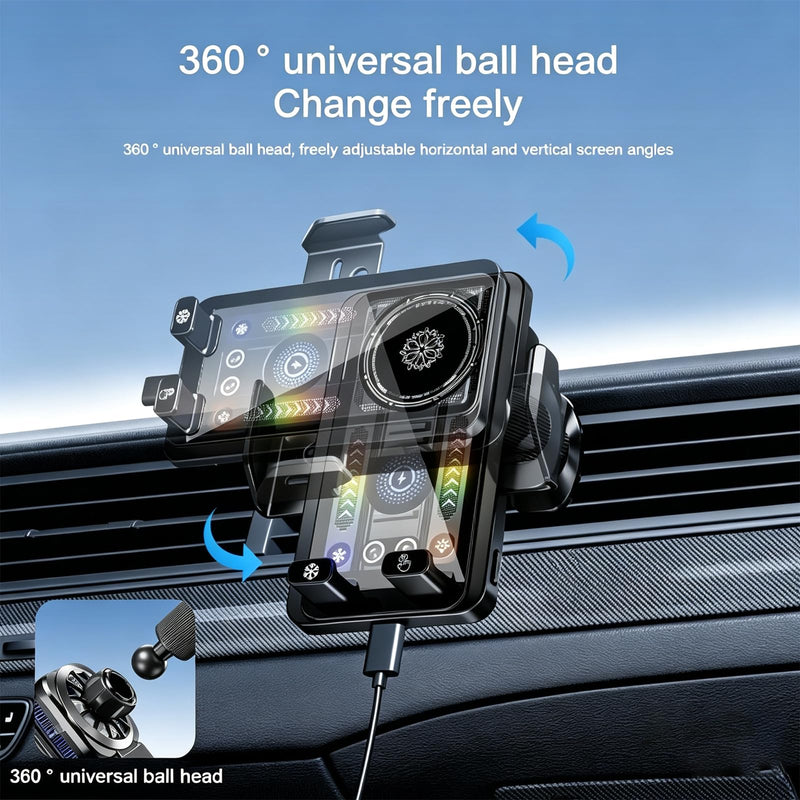 Cooling Charging Car Phone Holder, Smart Car Vent Phone Stand With Induction Auto-Clamping, 15W Wireless Car Charger Mount with RGB Ambient Light, Car Vent Phone Bracket with Cooling Fan for iPhone Black