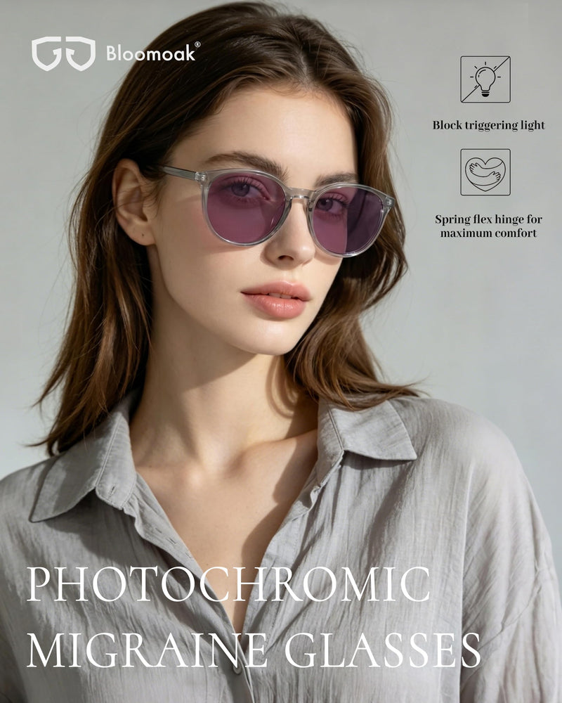 Rose Tinted Migraine Relief Glasses,Round Retro Blue Light Glasses for Light Sensitivity/Fluorescent LED/Photophobia Indoor & Outdoor - Photochromic Lens