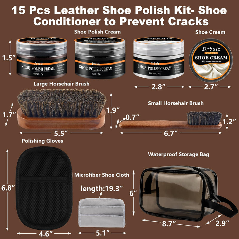 15Pcs Shoe Shine Kit for Men – Gift with Mink Oil & Saddle Soap, 3 Horsehair Brushes, Black/Brown/Neutral Polish – Leather Boot Care Kit with Sponges & Cloth – Complete Cleaning & Conditioning Set