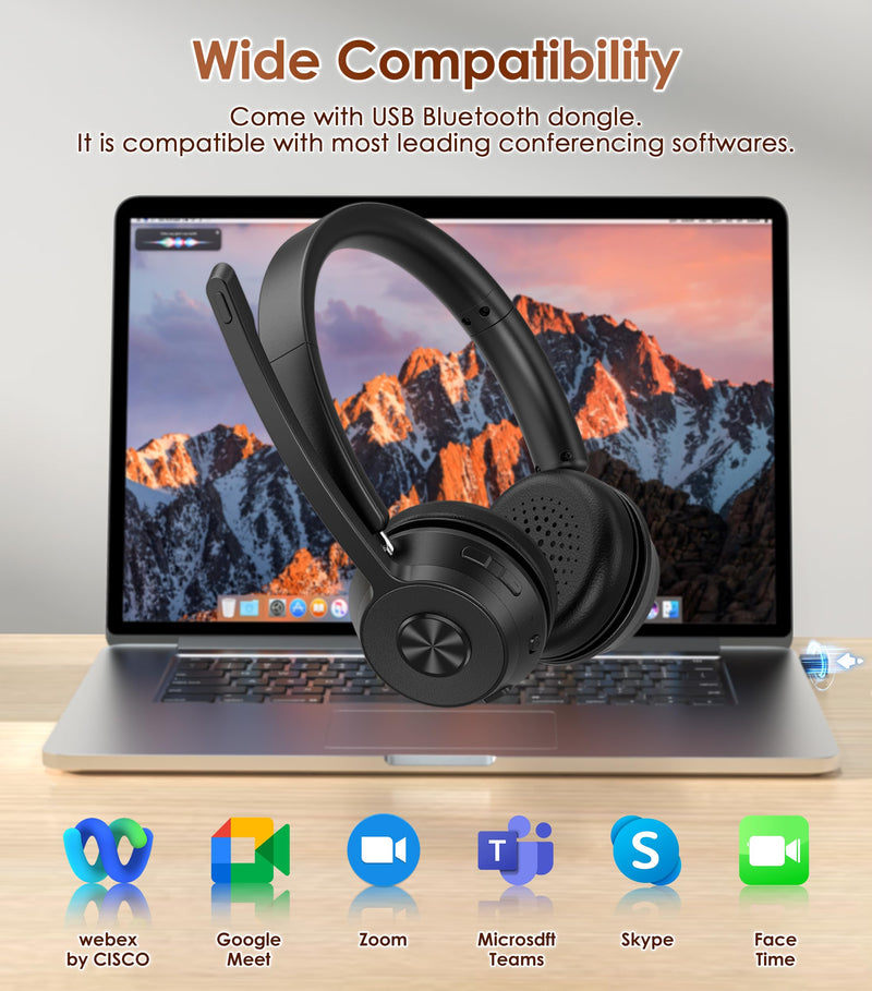 Wireless Headset with Mic for Work, Bluetooth Headset with Noise Cancelling | Headphones with Microphone Mute & USB Dongle for PC/Computer/Laptop/Cell Phones/Remote Work/Call Center (Black) Black