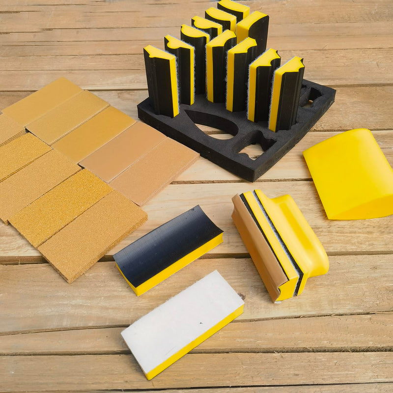 Total 56 PCS Hand Sanding Block Set- 16 PCS Contoured Profile Sander Block + 40 Sheet Sandpaper Kit - Interchangeable Assorted Convex & Concave Shapes for Moldings,Woodworking, Auto Paint and Crafts