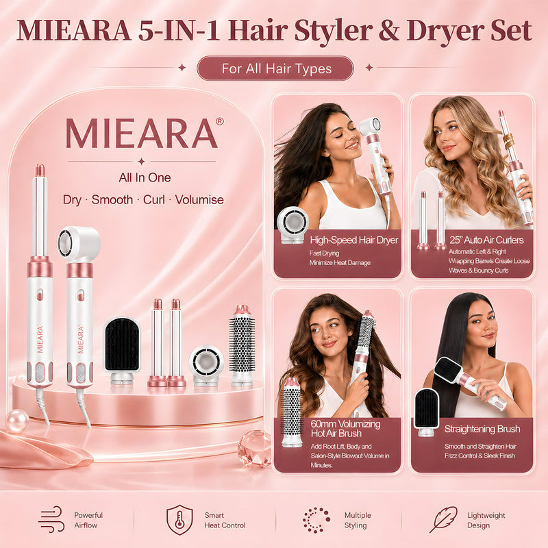 5 in 1 Hair Styler & Air Styler, 1000W Ionic Hair Dryer with 3 Heat Settings, Auto Wrapping Hair Curlers, Hot Air Brush, Straightening Brush for Quick Styling and Volumising for All Hair Types Peachy