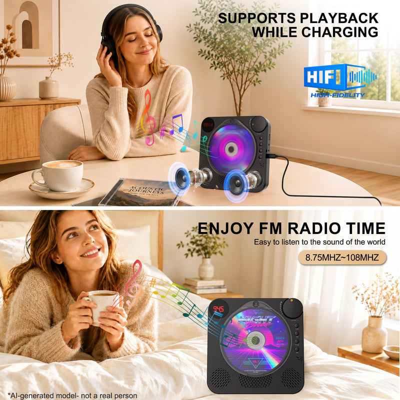 Portable CD Player with Bluetooth 5.4 for Daily Home Use & Gift,Exercise | Desktop CD Players with HiFi Speakers, LED Display, Remote Control, Charging Cable, Timer, FM Radio, USB, AUX, Headphone Jack Black