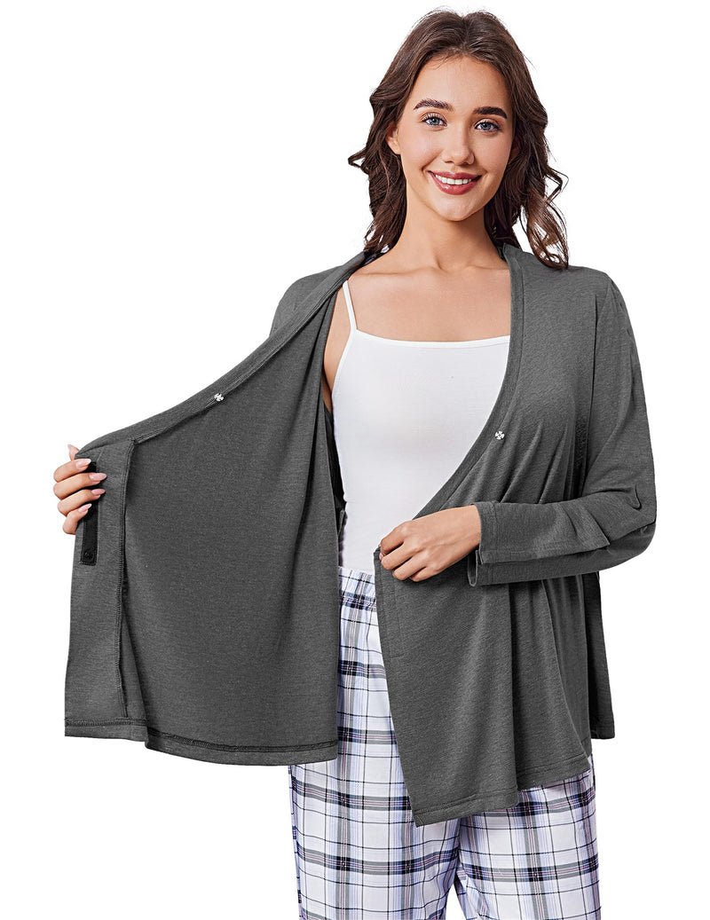 Deyeek Women's Post Shoulder Surgery Shirts Long Sleeve V-Neck Wrap Chemo Blouse Easy Access Adaptive Snap On Dialysis Shirts Dark Grey Medium