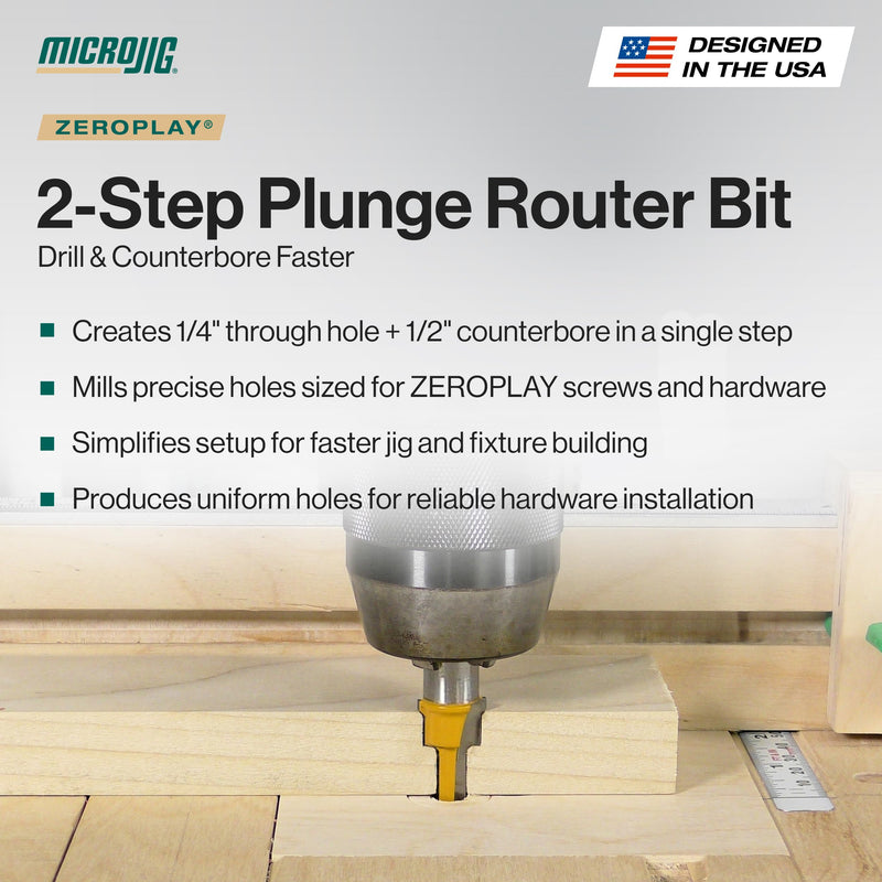 MICROJIG ZEROPLAY 2-Step Plunge Router Bit for Woodworking Jigs, Table Saw Sleds, Compatible with MatchFit and Other Hardware, Carbide Tipped, 1/2" Shank, MB-050-0525PL