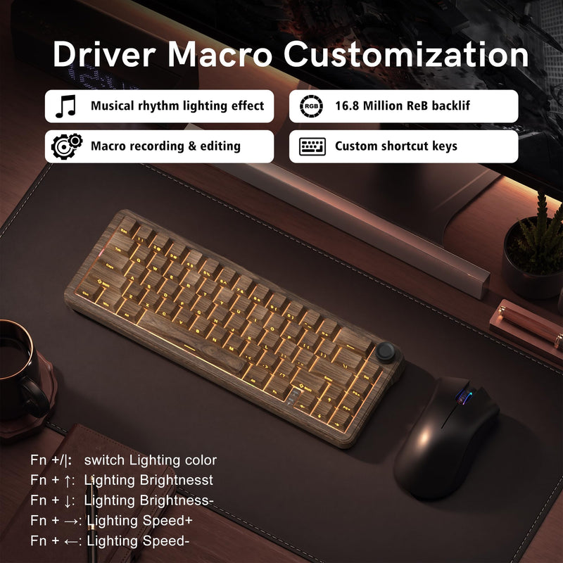womier L65 60% Brown Mechanical Keyboard with Knob,4000mAh,Tri Mode USB-C/BT5.0/2.4G,RGB Backlit,Hot Swap,Linear Switch,Gasket Mounted Wireless Gaming Keyboard for PC/Mac,Wood Pattern Theme Wood Pattern theme