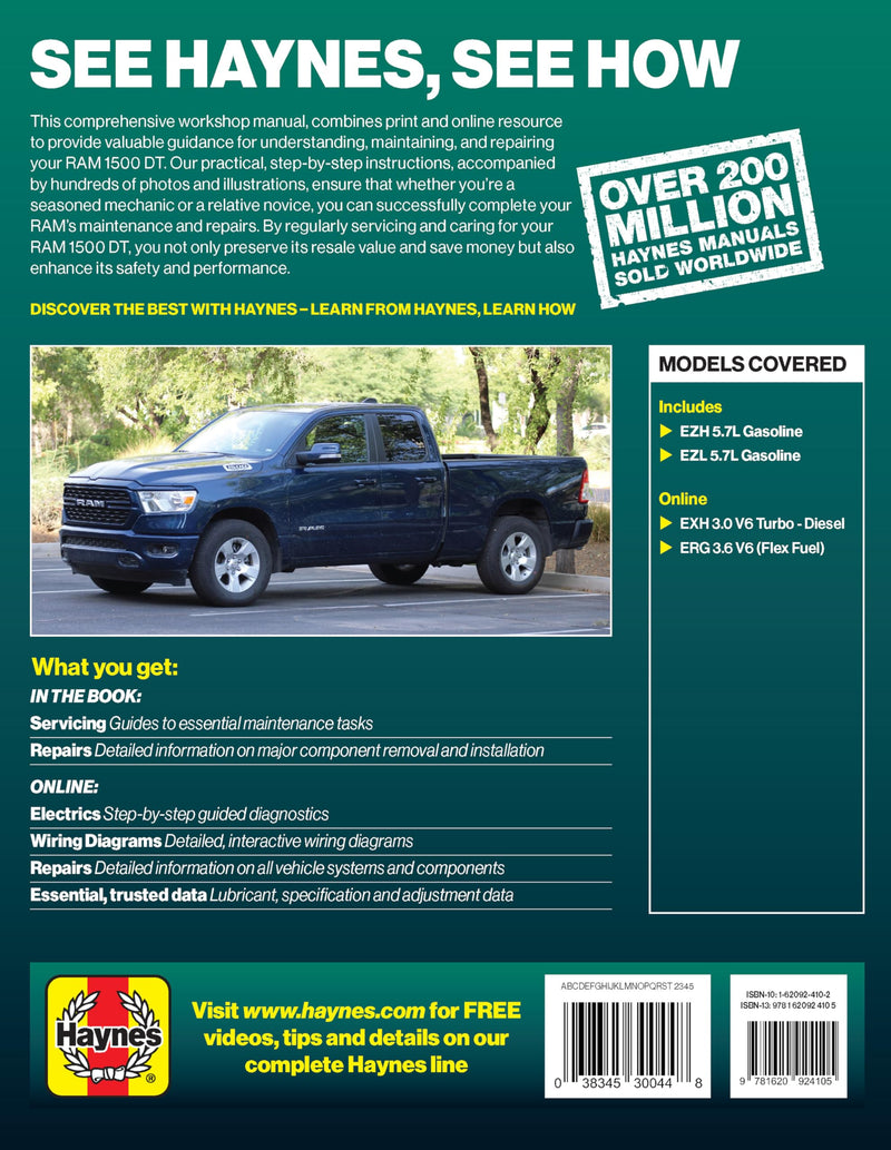 Haynes RAM 1500 DT (2019-2022) Repair Manual – Maintenance, Troubleshooting, Wiring Diagrams, Step-by-Step DIY Instructions, and Free Online Access