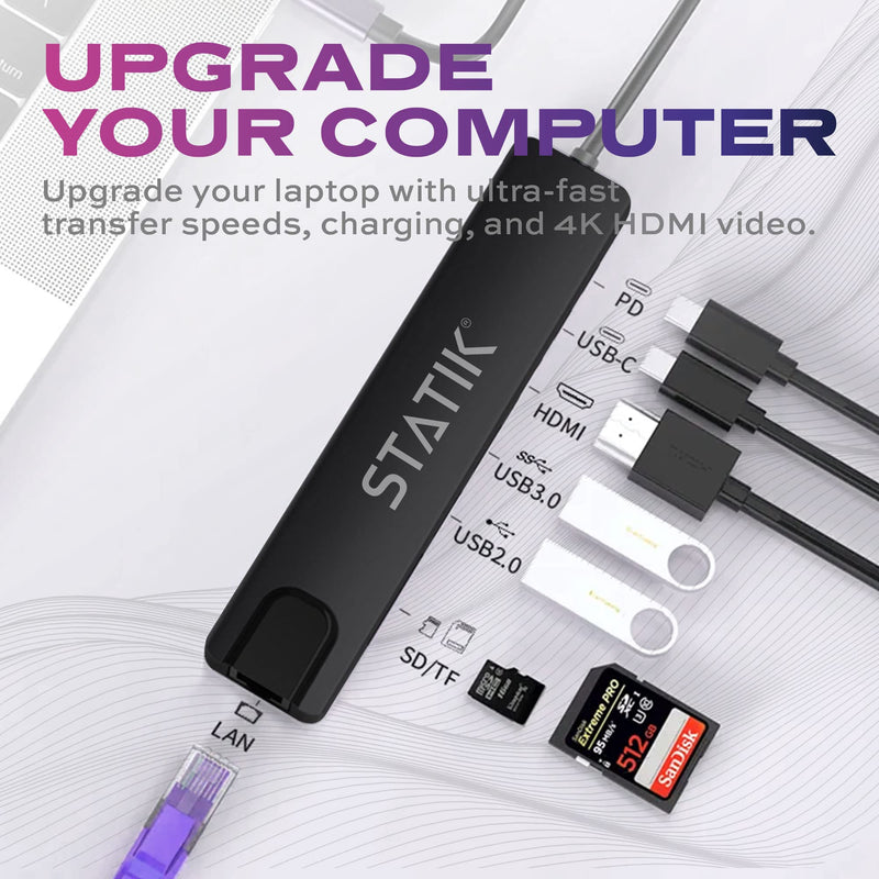 STATIK UltraHub Powered USB C Hub Multiport Adapter - USB C Docking Station - 8-in-1 Powered USB 3.0 Hub with 4K USB C HDMI Adapter, USB C dock, 100Mbps Ethernet Port, SD/TF Card Reader & Laptop Dock 1-Pack