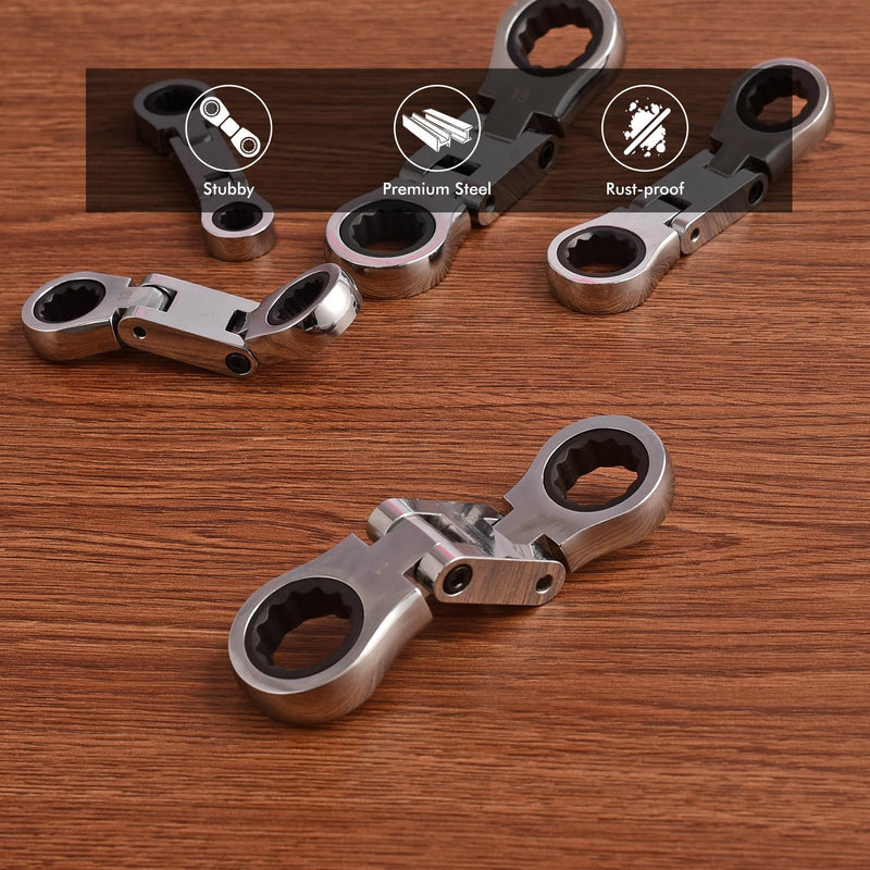 Stubby Wrenches Set, Flex Head Ratcheting Wrench Set Double Box End Ratchet Wrench 1/4 to 13/16 inch 5 Pieces SAE (SAE)