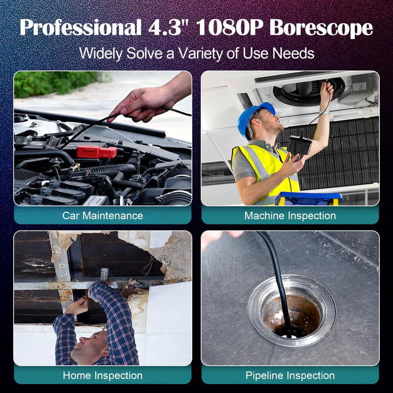 Borescope Camera with 8 LED Light, Industrial Endoscope Cameras with Light 4.3" IPS 1920P HD Screen, Inspection Camera with 16.5ft Semi-Rigid Cable Waterproof, Sewer Drain Pipe Snake Cameras