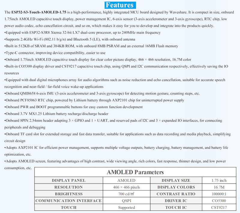 ESP32-S3 with 1.75inch AMOLED Round Touch Display Development Board, 466x466, QSPI Interface,Onboard Dual Digital Microphone Array, Support AI Speech Interaction, with 8Ω 2W Speaker and GPS Antenna