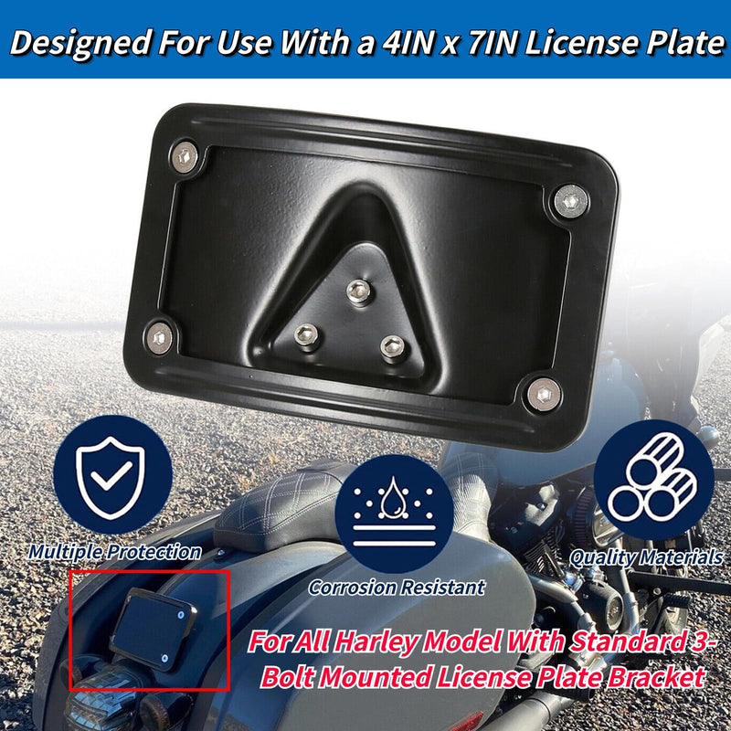 3148 Curved Laydown License Plate Mount with Frame Compatible with Harley Davidson 3 Hole Mount (Black) Black