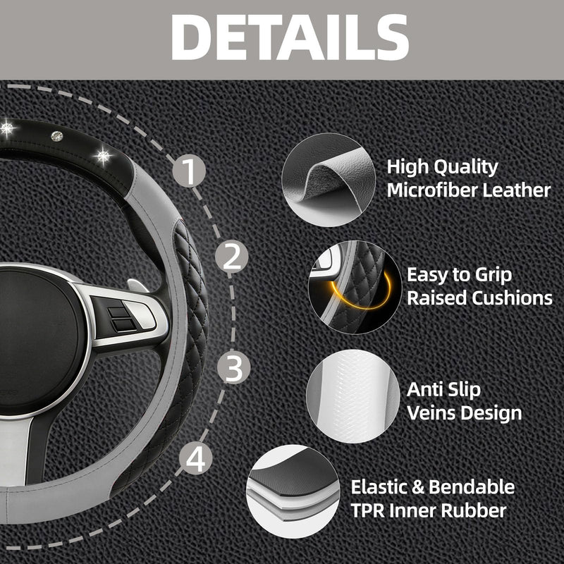 NBTEPEM 6 PCS Bling Car Accessories Set, Leather Steering Wheel Covers Universal 14.5-15 inch, Center Console Cover, Seat Belt Cushion, Cup Holder Coaster (Gray) Gray