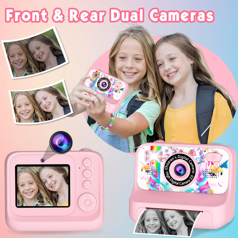 Kids Camera, Upgrade Kids Camera Instant Print, Front Rear Dual Selfie Digital CAM with 1080P Videos, Portable Travel Toy with Games and Music, Christmas Birthday Gift for Boys, Girls and Teens Pink