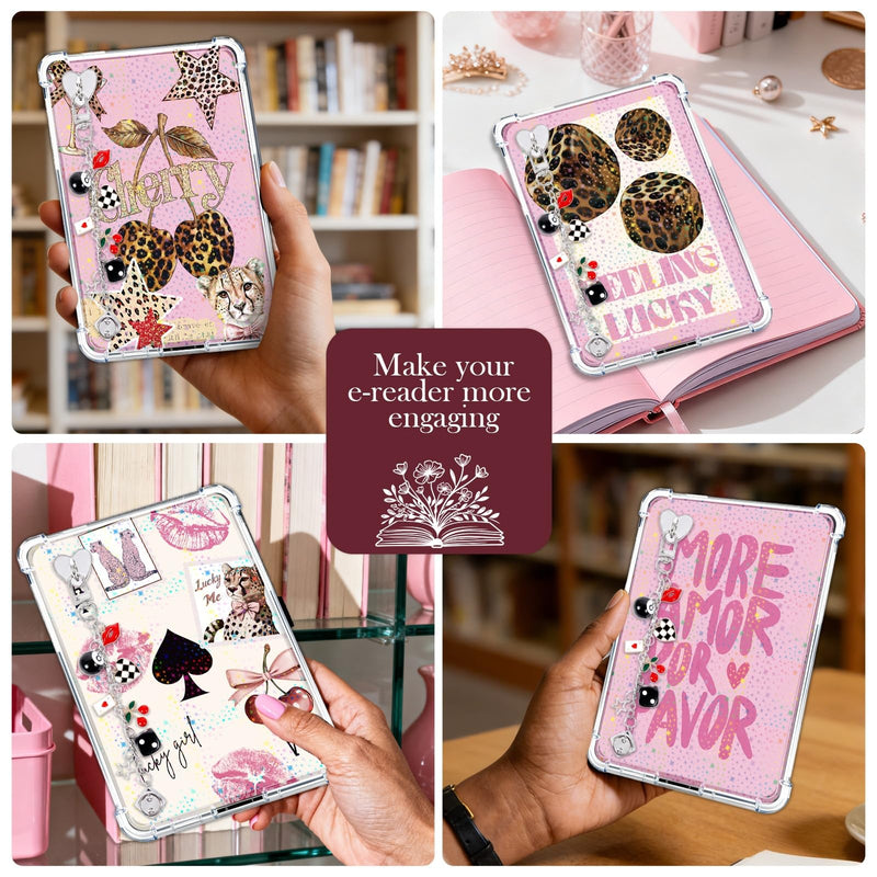 Rngmsi Insert Cardstock Charm for Kindle - 12Pcs Retro Cherry Leopard Print Cardstock Inserts Compatible with Kindle, Aesthetic Stickers Chain Charm with Hook Decorating Accessories for E-Reader