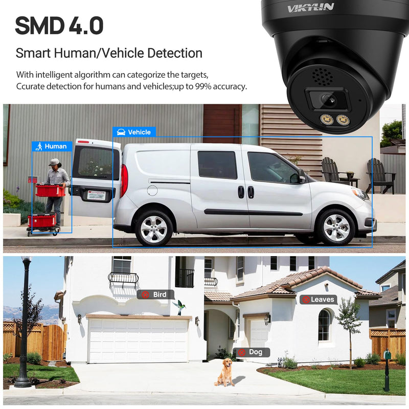 VIKYLIN 4K 8MP Full Color PoE IP Camera, Outdoor 4K PoE Turret Camera with AI Human/Vehicle Detection, 2 Way Talk,2.8mm Lens,F1.0 Aperture,98ft Color View Night Vision,IP67,Blue Iris,NDAA,2387C Black Color AI Camera / Black