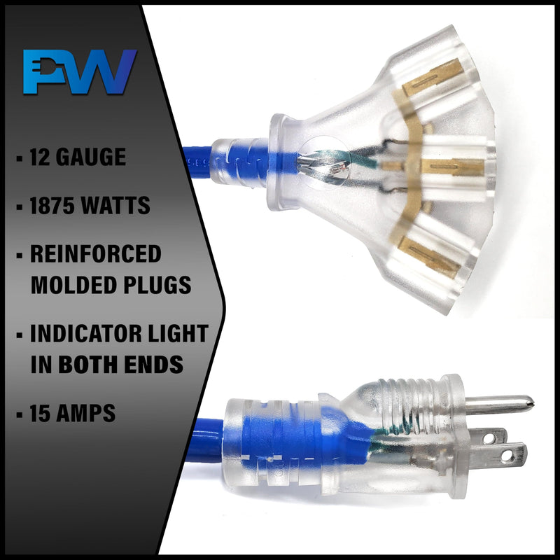 10 ft - 12 Gauge Heavy Duty Extension Cord - Lighted on Both Ends - SJTW Blue - Outdoor Extension_Cord Waterproof 10 ft by Premier Wire - 15 Amp ExtensionCord (10 Foot 12-Awg Power Cord Blue)