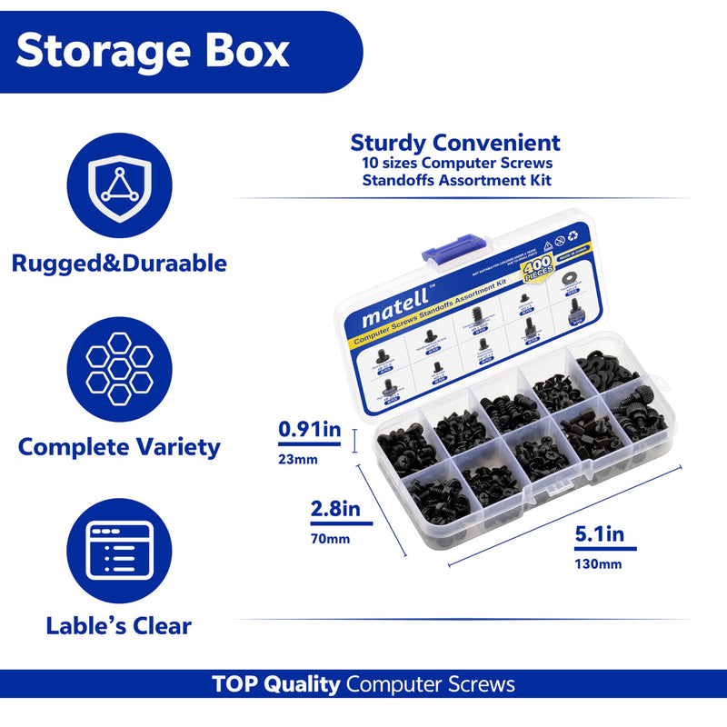 Matell 400Pcs Computer Screws Standoffs Kitfor Universal Motherboard, HDD, SSD, Hard Drive,Fan, Power Supply, Graphics, PC Case for DIY instaliiation and Repair