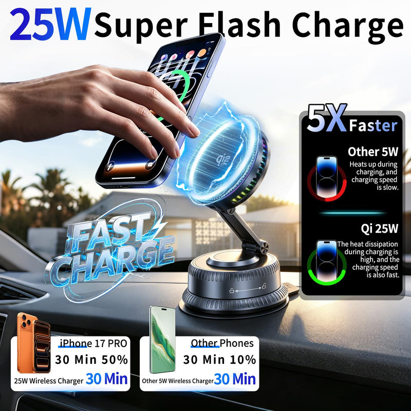 for Qi2.2 25W MagSafe Car Mount Charger,【7omm Big Suction Cup + Cooling Fan】 Magnetic Wireless Car Charger with 45W Adapter,Vacuum Suction Cup Phone Mount for iPhone 17-12,Android,Samsung