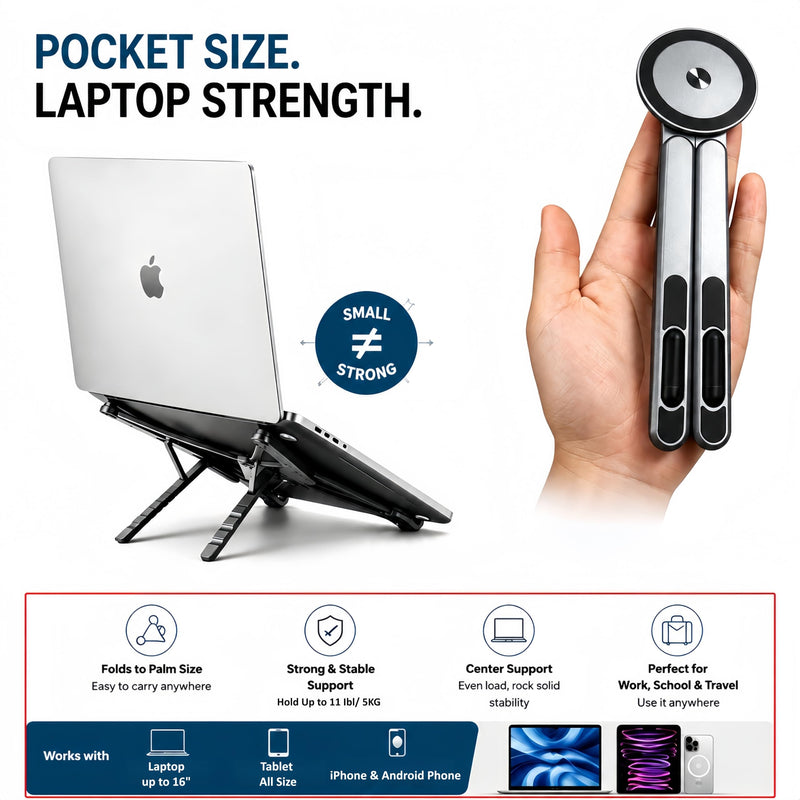 4-in-1 Foldable Laptop Stand with N52 Magnetic Phone Holder, Portable Aluminum Computer Stand for MacBook/ iPad/ Tablet, Adjustable Ergonomic Desk Stand for Home Office College Dorm & Travel Giftable Gray