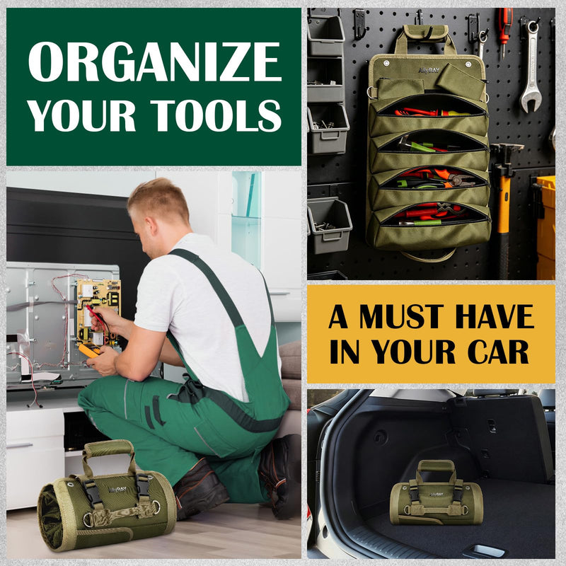 Tool Roll Up Bag Organizer, Heavy Duty Waterproof Tool Roll Bag with Detachable Pouches, Portable Tool Organizer for Mechanic, Electrician, Car Truck Motorcycle Tool Storage, Green