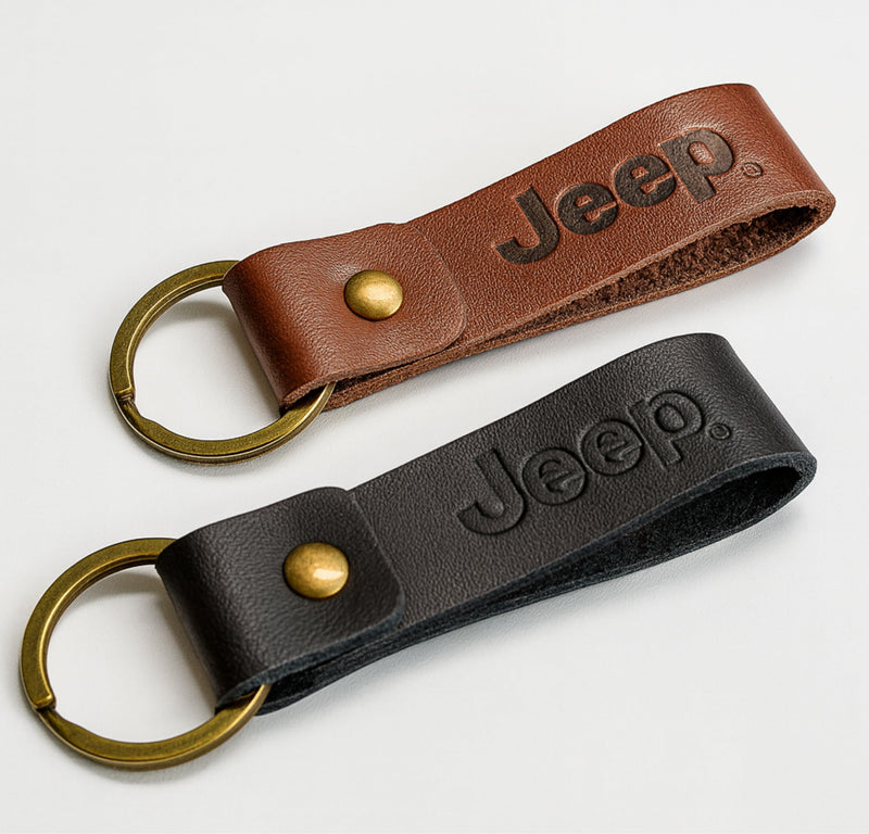 Jeep Keychain Genuine Leather - Officially Licensed Key Chain Wrangler Gladiator Cherokee Jeep Accessories Brown