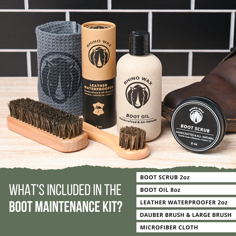 Leather Boot Care Kit - Made in USA (Not China) - Boot Oil, Waterproofer, Cleaning Scrub for Boots (Like Saddle Soap), Brushes and Cloth - Do NOT use Mink Oil (Love Animals) - All Natural Ingredients