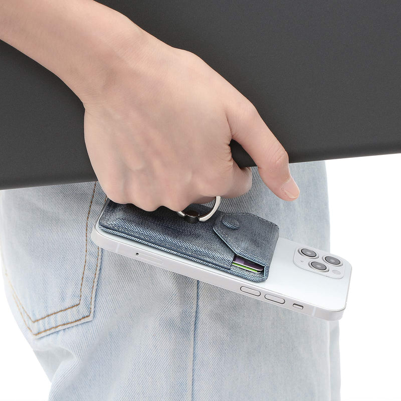 RFID Ring Stand Stick on Wallet for Back of Phone for iPhone Android and All Smartphones Adhesive Credit Card Holder for Cell Phone-Denim Blue … Denim Blue