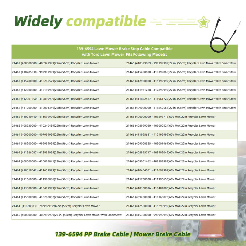 139-6594 PP Brake Cable,Mower Brake Cable Compatible with Toro 22 inch Flex-Force Recycler Lawn Mower fitsToro 21462 21464 21465 21466Fits 55cm Recycler Lawn Mower